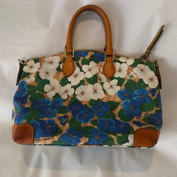 Dooney & Bourke Pansy Domed Satchel Yellow Blue Tan White Floral Leather - Picture 3 of 14